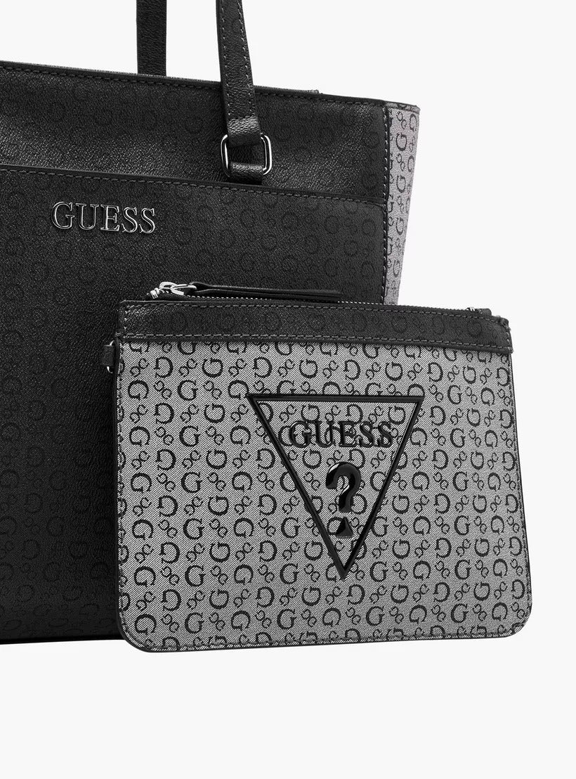 Guess Berkton Monogram Print Tote Bag with Double Handles and Wallet