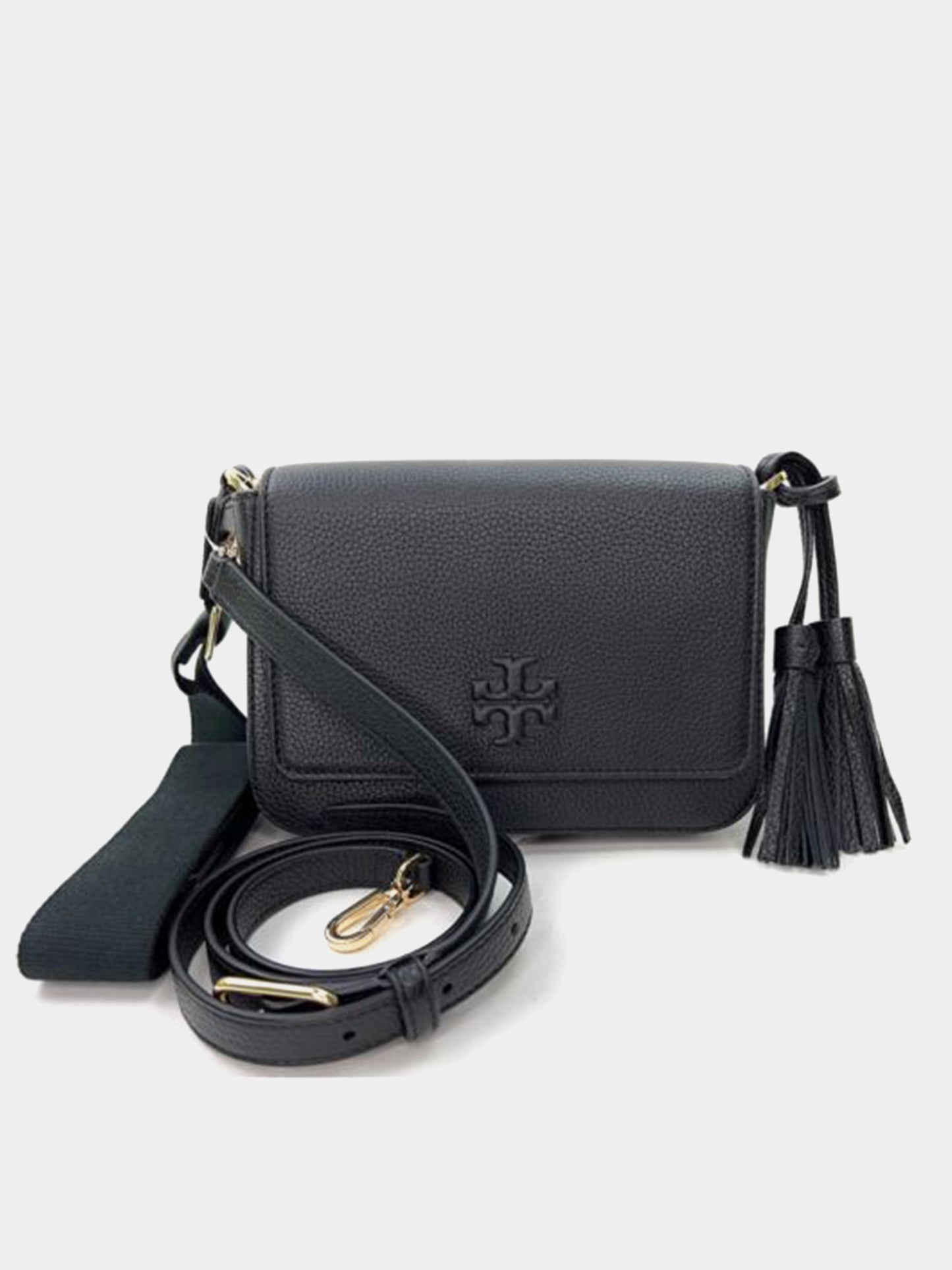 Tory Burch Thea Web Flap Crossbody In Black Pebbled Leather